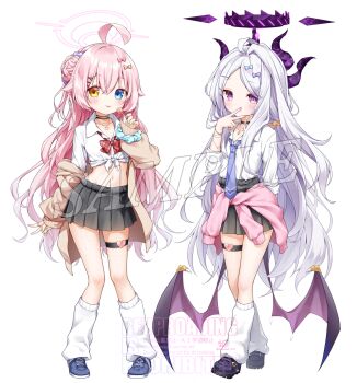 2girls :p ahoge alternate_costume alternate_hairstyle anzu_ame arm_at_side arm_behind_back black_choker black_horns black_shoes black_skirt blue_archive blue_bow blue_eyes blue_necktie blue_scrunchie blue_shoes blush bow bowtie bracelet brown_cardigan candy cardigan cardigan_around_waist cardigan_partially_removed choker closed_mouth clothes_around_waist collarbone collared_shirt commentary_request cross-laced_shoes demon_girl demon_horns demon_tail dress_shirt food forehead full_body green_nails gyaru hair_between_eyes hair_bow hair_bun hair_ornament hair_scrunchie hairclip halo hand_up heart heart_necklace heterochromia highres hina_(blue_archive) holding holding_candy holding_food holding_lollipop horns hoshino_(blue_archive) jewelry kneehighs lollipop long_hair long_sleeves looking_at_viewer loose_socks low_wings midriff miniskirt multiple_girls nail_polish navel necklace necktie open_cardigan open_clothes orange_bow parallel_hairclips parted_bangs pendant pink_cardigan pink_hair pink_nails plaid_bow plaid_bowtie plaid_clothes pleated_skirt polka_dot polka_dot_bow pubic_hair purple_bow purple_eyes purple_halo purple_scrunchie red_bow red_bowtie ring sample_watermark scrunchie shirt shoes sidelocks simple_background single_hair_intake single_side_bun skindentation skirt sleeves_past_wrists sleeves_rolled_up slit_pupils smile sneakers socks standing tail thigh_strap tied_shirt tongue tongue_out v very_long_hair watermark wavy_hair white_background white_hair white_shirt white_socks wings wrist_scrunchie x_hair_ornament yellow_eyes
