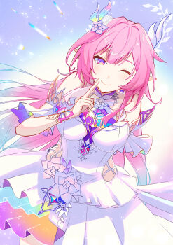 1girl absurdres arm_behind_back armlet bare_shoulders breasts closed_mouth commentary cowboy_shot cyrene_(honkai:_star_rail) cyrene_(ripples_of_past_reverie)_(honkai:_star_rail) diamond-shaped_pupils diamond_(shape) dress fingernails flower hair_flower hair_ornament hand_up highres honkai:_star_rail honkai_(series) index_finger_raised jewelry large_breasts looking_at_viewer one_eye_closed pink_hair pointy_ears purple_eyes purple_flower shian_(nyahunya) sidelocks smile solo symbol-shaped_pupils white_dress