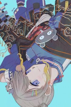 1girl absurdres blue_background blue_eyes blue_jacket blue_shorts gradient_hair grey_hair hair_ornament hairclip highres idolmaster idolmaster_shiny_colors jacket long_sleeves looking_at_viewer multicolored_hair parallel_hairclips print_jacket serizawa_asahi short_hair shorts sidelocks simple_background smile solo subro track_jacket twitter_username upside-down