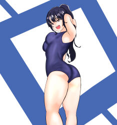Rule 34 | 1girl, :d, absurdres, armpits, arms behind head, arms up, ass, bad tag, bare legs, bare shoulders, barefoot, black hair, blue background, blue hair, blue one-piece swimsuit, blue swimsuit, blush, boku no kokoro no yabai yatsu, breasts, brown eyes, competition swimsuit, cowboy shot, drintrava, eyebrows, feet, feet out of frame, female, female focus, from behind, full body, hair between eyes, high ponytail, highres, kneepits, large breasts, legs, long hair, looking at viewer, looking back, medium breasts, one-piece swimsuit, open-mouth smile, open mouth, original, pixiv id, ponytail, sideboob, sidelocks, simple background, smile, solo, standing, sukumizu, swimsuit, tank suit, teeth, thighs, twisted torso, twitter username, two-tone background, upper teeth only, username, white background, yamada anna