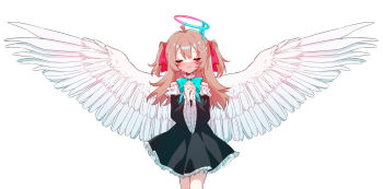 1girl absurdres ahoge aqua_bow aqua_bowtie bare_shoulders black_dress bow bowtie brown_hair closed_eyes closed_mouth cowboy_shot dress hair_ribbon halo highres long_hair long_sleeves neuro-sama oversized_wings own_hands_clasped own_hands_together palms_together pink_ribbon praying ribbon short_dress solo two_side_up user_hmyv8473 vedal_ai virtual_youtuber white_wings wide_sleeves wings