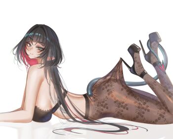 1girl alternate_costume animal_ears ass bare_shoulders black_bra black_hair black_shoes blue_eyes bra breasts brown_pantyhose closed_mouth commentary english_commentary floral_print_pantyhose from_side grey_tail high_heels highres hooked_on_heel jane_doe_(zenless_zone_zero) lace_pantyhose lace_pantyhose_hooked_on_heel_(meme) large_breasts long_hair long_tail looking_at_viewer lying meme mouse_ears mouse_girl mouse_tail no_shirt on_stomach pantyhose reflection s7nsles see-through_clothes sharp_tail shoes simple_background solo tail underwear white_background zenless_zone_zero