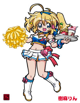1girl absurdres ahoge armlet artist_name back_bow blue_bow blue_choker blue_hairband blue_shirt boots bow breasts cheerleader cherry choker circle_name cleavage commentary crop_top cup drinking_straw fang food french_fries fruit full_body hair_between_eyes hair_bow hair_ornament hairband hands_up heart heart_hair_ornament heart_pouch highres holding holding_tray jewelry juma_rin kokomahi looking_at_viewer medium_hair midriff miniskirt navel official_art open_mouth pink_bow pleated_skirt pom_pom_(cheerleading) pouch red_bow shirt simple_background skirt sleeveless sleeveless_shirt smile solo standing standing_on_one_leg star_(symbol) star_hair_ornament super_heroine_chronicle tray twintails waitress white_background white_boots white_skirt wrist_cuffs