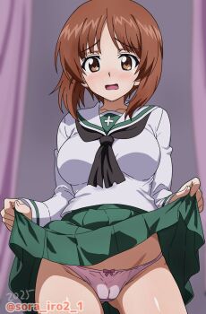 1girl blush breasts brown_eyes brown_hair cameltoe clothes_lift girls_und_panzer large_breasts lifting_own_clothes looking_at_viewer nishizumi_miho ooarai_school_uniform open_mouth panties pink_panties short_hair signature skirt skirt_lift solo sora_nyan underwear