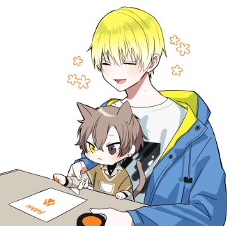 2boys :&lt; alban_knox alban_knox_(2nd_costume) animal_ears blonde_hair blue_jacket brown_shirt cat_boy cat_ears cat_tail character_name chibi closed_eyes collared_shirt commentary_request grey_eyes helping heterochromia jacket kemonomimi_mode long_sleeves male_focus multiple_boys nana72710193 nijisanji nijisanji_en open_mouth pawpads plaid_clothes plaid_shirt shirt short_sleeves signing simple_background smile sonny_brisko sonny_brisko_(2nd_costume) tail undershirt virtual_youtuber white_background white_shirt yellow_eyes