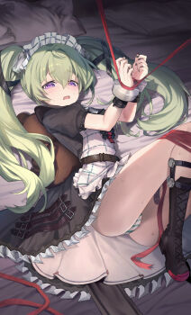 1girl absurdres ahoge apron ass belt black_belt black_boots black_dress black_nails blush boots bound bound_legs bound_wrists bracelet commentary_request corin_wickes cuffs dress dutch_angle feet_out_of_frame fingernails frilled_apron frilled_dress frilled_headwear frills green_hair hair_between_eyes hair_intakes hair_spread_out half-closed_eyes handcuffs hands_up highres indoors jewelry knees_up kuro11kii lace-up_boots legs loli long_hair long_ribbon looking_at_viewer lying maid maid_headdress nail_polish on_back on_bed open_mouth panties pillow puffy_short_sleeves puffy_sleeves purple_eyes red_ribbon restrained ribbon screw_hair_ornament short_sleeves solo striped_clothes striped_panties stuffed_animal stuffed_toy sweat sweatdrop teddy_bear thick_eyebrows thighs twintails underwear upskirt very_long_hair wavy_mouth white_apron zenless_zone_zero