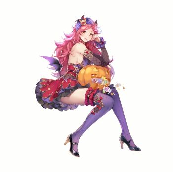 1girl artist_request bat_ornament bat_wings belt black_shoes bow breasts candy candy_corn commentary commentary_request demon_horns detached_sleeves dress english_commentary fake_horns fishnet_sleeves fishnets food frilled_thigh_strap frills full_body gem hair_bow hairband halloween halloween_costume hand_on_own_face hand_up high_heels highres horn_hairband horns invisible_chair jack-o&#039;-lantern juno_(king&#039;s_raid) king&#039;s_raid korean_commentary layered_dress long_hair low_wings medium_breasts messy_hair mini_wings mixed-language_commentary official_alternate_costume official_art orange_eyes petticoat pink_hair pumpkin purple_bow purple_thighhighs red_bow red_dress red_gemstone second-party_source shoes sideboob simple_background sitting smile solo strapless strapless_dress thigh_strap thighhighs white_background wings