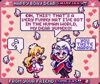 Rule 34 | 3girls, apron, bakebake (touhou), birthday, blonde hair, capelet, comet summoner98, dress, frills, ghost, grey eyes, grey hair, hair bobbles, hair ornament, hat, heart, long hair, maid, maid headdress, mima (touhou), multiple girls, open mouth, pixel art, puffy short sleeves, puffy sleeves, red dress, ribbon, shinki (touhou), short sleeves, smile, speech bubble, talking, touhou, touhou (pc-98), witch hat, yellow eyes, yumeko (touhou)