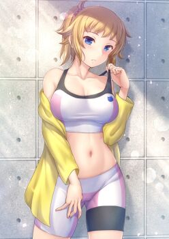 1girl blonde_hair blue_eyes blush breasts cleavage gluteal_fold gundam gundam_build_fighters gundam_build_fighters_try hair_ornament hair_scrunchie hoshino_fumina jacket large_breasts long_sleeves looking_at_viewer midriff open_clothes open_jacket parted_lips ponytail ryu-akt scrunchie shorts solo sports_bra yellow_jacket