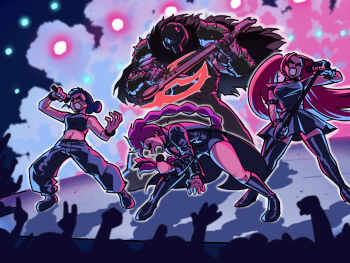 Rule 34 | 1boy, 3girls, armor, baggy pants, bent over, cape, closed eyes, crossover, crowd, doom: the dark ages, doom (series), doomguy, double bun, dress, dutch braided ponytail, fur cape, guitar, hair bun, helmet, highres, holding, holding microphone, instrument, kpop demon hunters, microphone, microphone stand, mira (kpop demon hunters), multiple girls, music, open mouth, pants, playing guitar, playing instrument, rumi (kpop demon hunters), short dress, short shorts, shorts, singing, tina fate, trait connection, twintails, zoey (kpop demon hunters)