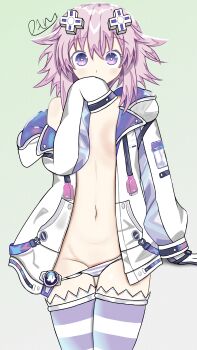 1girl absurdres commentary d-pad d-pad_hair_ornament drawstring english_commentary hair_ornament highres hood hoodie lowercaselambda neptune_(neptunia) neptune_(series) purple_eyes purple_hair short_hair socks solo striped_clothes striped_socks striped_thighhighs thighhighs unzipped usb