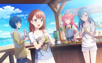4girls :o ^_^ aozora_no_saki_kagayaki_wo_oikakete_(project_sekai) apron blender_(object) blue_eyes blue_hair blue_shorts blue_sky brown_hair closed_eyes closed_mouth cloud collarbone colorful_palette cup drinking_straw game_cg grey_apron grey_eyes grey_shirt grey_shorts hanasato_minori highres hinomori_shizuku holding holding_cup hood hoodie kiritani_haruka looking_to_the_side mole mole_under_mouth momoi_airi more_more_jump!_(project_sekai) multicolored_shirt multiple_girls off-shoulder_shirt off_shoulder official_art open_mouth pink_hair project_sekai puffy_short_sleeves puffy_sleeves shirt short_sleeves shorts sink sky smile smoothie t-shirt third-party_source tongue two_side_up white_shorts yellow_shirt
