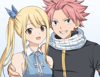 1boy 1girl :d bare_shoulders black_eyes black_shirt blonde_hair blue_background blue_ribbon blue_shirt blush brown_eyes collared_shirt commentary_request couple earrings eyelashes eyes_visible_through_hair fairy_tail fang grin hair_between_eyes hair_ribbon hand_on_another&#039;s_shoulder happy hetero jewelry korean_commentary long_hair looking_at_viewer lucy_heartfilia natsu_dragneel neck_ribbon open_mouth pink_hair ribbon saang2cm scarf shirt short_hair short_sleeves side_ponytail sidelocks simple_background sleeveless sleeveless_shirt smile spiked_hair star_(symbol) star_earrings straight_hair tareme tsurime upper_body v-shaped_eyebrows white_ribbon white_scarf