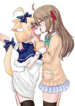 2girls absurdres ahoge animal_ear_fluff animal_ears bell black_thighhighs blonde_hair blue_bow blue_capelet blue_skirt blush bow bowtie brown_cardigan brown_hair capelet cardigan cat_ears cat_girl closed_eyes french_kiss fur-trimmed_capelet fur_trim glasses green_bow green_bowtie hair_bow hair_ornament hair_ribbon hairclip head_grab heart heart_hair_ornament highres indie_virtual_youtuber kiss long_hair low_twintails medium_hair minikomew multicolored_hair multiple_girls neuro-sama oversized_clothes oversized_shirt pleated_skirt pom_pom_(clothes) ribbon ritspi shirt simple_background skirt t-shirt tail tail_bow tail_ornament thighhighs twintails virtual_youtuber white_background white_shirt yuri