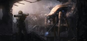 1boy alien battle beanie building cyborg energy_cannon faceless faceless_male half-life half-life_(series) half-life_2 hat laser_sight lhlclllx97 original rocket_launcher ruins scenery science_fiction solo strider_(half-life) weapon