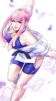 Rule 34 | 1girl, bare shoulders, belt, blue eyes, breasts, hip cutout, large breasts, lips, long sleeves, manon legrand, pink hair, short hair with long locks, shorts, street fighter, street fighter 6, white background, xiowu007