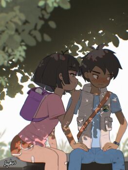 1boy 1girl backpack bag bandaid bandaid_on_leg blue_pants blue_shirt blush brown_eyes dark-skinned_female dark-skinned_male dark_skin diego_marquez dolphin_shorts dora_marquez dora_the_explorer go_diego_go! highres looking_at_another medium_hair orange_shorts pants pink_shirt purple_bag shade shirt short_hair short_sleeves shorts sitting smile sydus tree under_tree vest