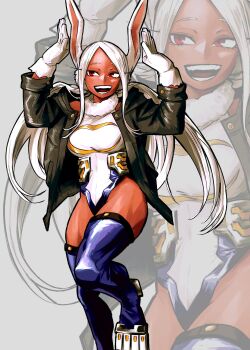1girl absurdres animal_ears boku_no_hero_academia boots commentary dark-skinned_female dark_skin english_commentary feet_out_of_frame grin highres leotard long_hair machipachi1901 mirko rabbit_ears rabbit_girl rabbit_pose red_eyes smile solo superhero_costume thick_thighs thigh_boots thighs toned toned_female very_long_hair white_hair
