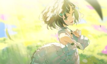 1girl :d absurdres armpit_crease bare_shoulders black_hair collarbone commentary_request cowboy_shot detached_sleeves dress frilled_dress frilled_sleeves frills green_eyes hands_on_own_chest highres hitoyo_ni_yume_ga_saku_you_ni link!_like!_love_live! long_sleeves looking_at_viewer love_live! momose_ginko official_alternate_costume open_mouth outdoors short_hair sleeveless sleeveless_dress smile solo sunkeun virtual_youtuber white_dress white_sleeves