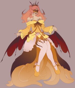 Rule 34 | 1girl, bat wings, breasts, cthulhu mythos, dress, estir, highres, long hair, looking at viewer, mask, medium breasts, pink hair, smiuffzo, solo, sucker for love, tentacles, tentacles under clothes, wings, yellow dress