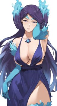 1girl bare_shoulders blue_fire breasts brighid_(xenoblade) center_opening cleavage collarbone dress elbow_gloves fiery_hair fire gloves highres j@ck large_breasts long_hair looking_at_viewer purple_dress purple_eyes purple_hair smile solo very_long_hair xenoblade_chronicles_(series) xenoblade_chronicles_2