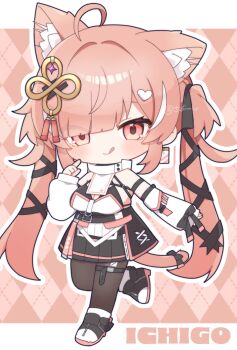 Rule 34 | 1girl, :q, ahoge, akikan sabako, animal ear fluff, animal ears, argyle background, bare shoulders, black boots, black bow, black pantyhose, black ribbon, black skirt, blunt bangs, blush, boots, bow, breasts, cat ears, cat girl, cat tail, character name, chibi, chibi only, cleavage, closed mouth, commentary request, detached sleeves, full body, hair ornament, hair ribbon, hand up, highres, ichigo (vrchat), index finger raised, letterboxed, long sleeves, looking at viewer, miniskirt, multicolored hair, outline, outside border, pantyhose, parted bangs, pink background, pink eyes, pleated skirt, ribbon, shirt, skirt, sleeve bow, sleeveless, sleeveless shirt, smile, solo, standing, standing on one leg, streaked hair, tail, tongue, tongue out, twintails, vrchat, white outline, white shirt, white sleeves, white streaks