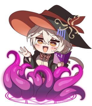1girl black_hat black_shirt blue_archive blush book breasts eri_(blue_archive) hat horosuke large_breasts open_mouth orange_eyes shirt smile solo summoning tentacles white_hair white_shirt witch_hat