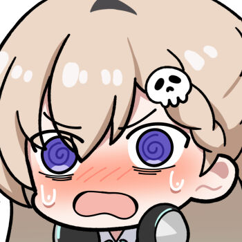 1girl @_@ blonde_hair blush commentary hair_ornament headphones headphones_around_neck long_hair lynae_(wuthering_waves) open_mouth portrait simple_background skull_hair_ornament solo sticker_(medium) sweatdrop twomoon white_background wuthering_waves