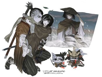 0niku_niku 3boys androgynous armor barefoot black_eyes black_hair blood blood_on_clothes brown_kimono brown_scarf carrying closed_mouth grey_hair grey_scarf hakama hakama_pants hat helmet highres holding holding_sword holding_weapon japanese_clothes katana kimono kuro_the_divine_heir leaf long_sleeves looking_at_another looking_at_viewer male_focus multicolored_hair multiple_boys multiple_views on_one_knee open_mouth pants ponytail princess_carry prosthesis prosthetic_arm samurai sandals scar scarf sekiro sekiro:_shadows_die_twice sheath sheathed short_hair short_ponytail simple_background sword topknot torn_clothes torn_coat weapon white_background wide_sleeves