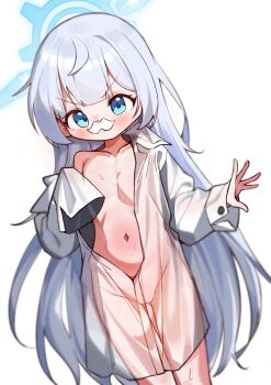 1girl blue_archive blue_eyes blue_halo blush cherino_(blue_archive) facial_hair fake_facial_hair fake_mustache flat_chest halo highres led_winter loli long_hair mustache navel oversized_clothes oversized_shirt see-through_clothes see-through_shirt shirt solo sweat white_background white_hair white_mustache