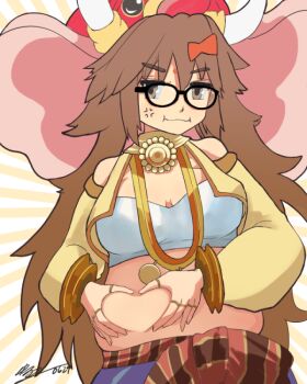 1girl anger_vein bare_shoulders belly bindi bow breasts brown_eyes brown_hair cleavage elephant_hat fate/grand_order fate_(series) ganesha_(fate) glasses hair_between_eyes hair_bow jewelry jinako_carigiri large_breasts long_hair plump ring very_long_hair wavy_mouth yuruyume1224