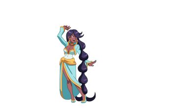 1girl animated animated_gif breasts cleavage dark_skin earrings high_heels indian_style indivisible jewelry large_breasts long_hair nail_polish pink_eyes purple_hair rain sitting thorani_(indivisible)