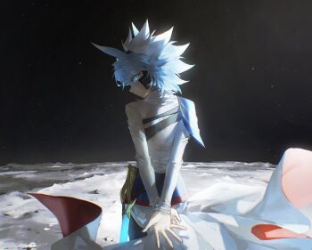 1boy alien_888 antenna_hair armor arms_behind_back black_sky blue_armor clenched_hand coat facial_mark facing_away glowing glowing_sword glowing_weapon green_eyes grey_pants headgear headphones highres jacket looking_at_viewer looking_to_the_side male_focus moon on_moon open_hand outdoors own_hands_together pants scabbard sheath shirt shoulder_armor sky space spiked_hair star_(sky) sword trench_coat walking_away weapon white_jacket white_shirt wind yu-gi-oh! yu-gi-oh!_go_rush!! yudias_velgear