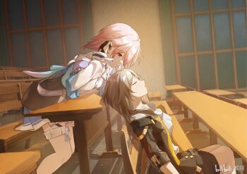 2girls bilibili_username black_gloves black_jacket black_skirt blue_eyes blue_skirt buttons chinese_commentary closed_eyes closed_mouth commentary_request expressionless frilled_thigh_strap from_side gloves grey_hair hand_up honkai:_star_rail honkai_(series) indoors jacket leaning_back lecture long_hair long_sleeves long_table looking_at_another march_7th_(honkai:_star_rail) march_7th_(preservation)_(honkai:_star_rail) miniskirt multicolored_eyes multiple_girls on_bench open_clothes open_jacket parted_lips partially_fingerless_gloves pink_hair pleated_skirt profile purple_eyes shirt short_hair skirt sleeping stelle_(honkai:_star_rail) table thigh_strap trailblazer_(honkai:_star_rail) tucking_hair two-tone_eyes u_u watermark white_shirt xan_yu yuri