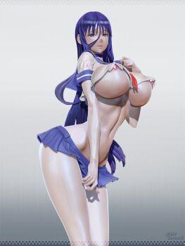 1girl 3d blue_eyes blue_hair breasts female_focus gradient_background highres honjou_raita huge_breasts leslyzerosix matching_hair/eyes school_uniform skirt solo suzuhara_misa suzuhara_misae zettai_junpaku_mahou_shoujo