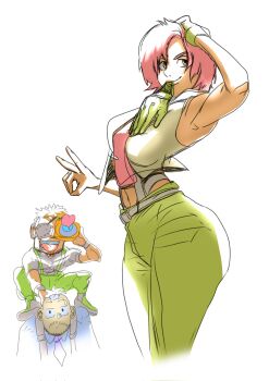 1girl ass breasts brown_eyes female_focus gloves huge_ass huge_breasts large_breasts pale_skin pants ramon ramon_(kof) red_hair seth seth_(kof) shirt short_hair smile standing the_king_of_fighters thick_thighs thighs undressing v vanessa_(kof) white_shirt