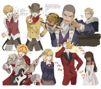 2girls 5boys ^_^ absurdres alexandre_dumas_(fate) aqua-tinted_eyewear aqua_eyes armor blonde_hair blue_sweater braid brown_hair brown_hat brown_pants burger buzz_cut closed_eyes colored_teeth command_spell commentary_request cowboy cowboy_hat dark-skinned_female dark_skin dress elbow_gloves fate/strange_fake fate_(series) flat_escardos food fur_strap gauntlets gilgamesh_(fate) glasses gloves grey_hair guitar hair_slicked_back hand_on_own_head hand_on_own_hip hat highres holding holding_burger holding_food holding_guitar holding_instrument holding_pen hood hood_down instrument jack_the_ripper_(fate/strange_fake) jacket korean_commentary korean_text multicolored_hair multicolored_teeth multiple_boys multiple_girls multiple_views musical_note neckerchief nib_pen_(object) orlando_reeve pants pen potato_goril red_eyes red_hair red_jacket red_neckerchief red_pants red_teeth red_vest richard_i_(fate) sajou_ayaka_(fate/strange_fake) scar scar_across_eyebrow scar_on_face shirt short_hair spoken_musical_note strapless strapless_dress streaked_hair sweater tine_chelc tinted_eyewear translation_request two-tone_hair v very_short_hair vest watch western white_dress white_gloves white_shirt wristwatch