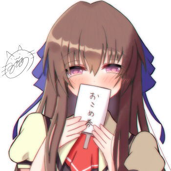 1girl air_(visual_novel) ascot blue_ribbon blush bow brown_hair covering_own_mouth eyelashes eyes_visible_through_hair hair_between_eyes hair_bow hair_ribbon hands_up highres holding long_hair looking_at_viewer necktie puffy_short_sleeves puffy_sleeves purple_eyes red_ascot red_necktie ribbon school_uniform shirt short_sleeves sidelocks signature simple_background solo straight-on toono_minagi upper_body very_long_hair white_background yellow_shirt