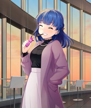 1girl black_shirt blue_hair blue_sky bow box breasts brown_bow chair cityscape closed_eyes cloud coat cowboy_shot dot_nose eating game_cg gradient_sky grin hair_bow hand_in_pocket high-waist_skirt holding holding_box indoors jewelry kelp koike_saaya large_breasts long_sleeves medium_hair mouth_hold necklace official_art open_clothes open_coat orange_sky pearl_necklace purple_coat reflective_floor shirt sidelocks skirt sky smile solo teeth_hold third-party_source tile_floor tiles toji_no_miko toji_no_miko:_kizamishi_issen_no_tomoshibi translated white_skirt window