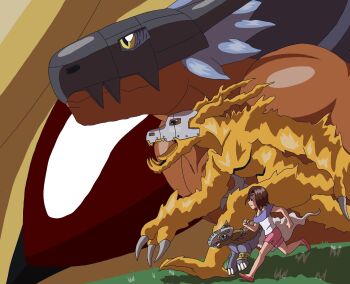 Rule 34 | 1girl, absurdres, bakumon, digimon, digimon (creature), digimon adventure tri., evolutionary line, flarelizamon, good end, helmet, highres, himekawa maki, huanglongmon, megadramon, red eyes, running, sammywhitlocke, size difference