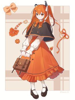 1girl a.i._voice adachi_rei bag black_capelet black_shoes bow bowtie brown_background brown_bag capelet collared_shirt commentary full_body hair_ornament highres holding holding_bag kasupi_04 loafers long_skirt long_sleeves looking_at_viewer orange_bow orange_bowtie orange_eyes orange_hair orange_skirt pantyhose puffy_long_sleeves puffy_sleeves shirt shoes side_ponytail skirt solo symbol-only_commentary twitter_username utau white_pantyhose white_shirt