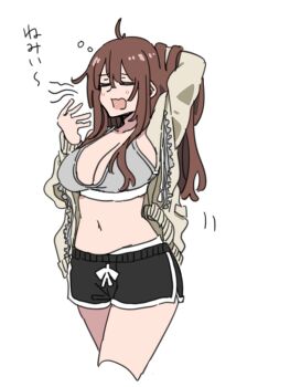 1girl blush breasts brown_hair closed_eyes dolphin_shorts durindana_7 grey_sports_bra hair_lift highres large_breasts open_clothes open_mouth original rina_(durindana_7) shorts solo sports_bra tagme yawning zipper