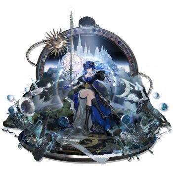 1girl absurdres arknights asymmetrical_gloves bare_shoulders black_boots black_coat blue_dress blue_eyes blue_gloves blue_hair boots bow_(music) breasts cleavage clock coat crossed_legs demon_horns dress full_body gloves halo hand_up high_heel_boots high_heels highres holding holding_instrument holding_staff horns instrument knee_boots long_hair long_sleeves looking_at_viewer mismatched_gloves moon mostima_(arknights) mostima_(ethereal_harmony)_(arknights) off_shoulder official_alternate_costume official_art sitting smile solo staff thighs transparent_background violin yyb