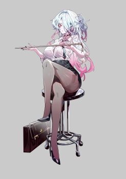 1girl absurdres bar_stool black_nails black_pantyhose black_skirt black_survival breasts briefcase button_gap chair chiara_(black_survival) choker crossed_legs eternal_return:_black_survival gradient_hair grey_background hair_over_one_eye high_heels highres holding its2h35 large_breasts multicolored_hair nail_polish pantyhose pencil_skirt pink_eyes pink_hair ponytail see-through_clothes shirt simple_background sitting skirt solo stool white_hair white_shirt