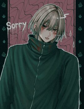1boy black_eyes blood blood_on_clothes blood_on_face coat earrings green_coat grey_hair hair_between_eyes high_collar highres jewelry looking_at_viewer male_focus nmnr_ut nosebleed open_mouth original outline short_hair solo upper_body white_outline wispy_bangs zipper zipper_pull_tab