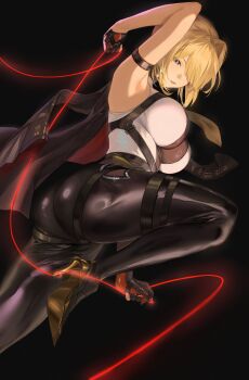 1girl absurdres arm_strap arm_up armpits ass black_background black_gloves black_jacket black_pants blonde_hair blue_eyes breasts chest_harness evelyn_chevalier gloves hair_over_one_eye harness high_heels highres jacket knee_up large_breasts looking_at_viewer mole mole_under_eye necktie pants parted_lips presenting_armpit ricin shirt sleeveless sleeveless_shirt solo thread tight_clothes tight_pants white_shirt yellow_necktie zenless_zone_zero