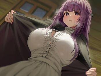 1girl absurdres ayoni_623 blush bookshelf breasts button_gap cleavage closed_mouth curvy dress fern_(sousou_no_frieren) frown highres indoors large_breasts long_hair looking_at_viewer pout purple_eyes purple_hair removing_coat solo sousou_no_frieren steaming_body tight_clothes very_long_hair white_dress window