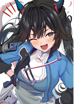 1girl :d absurdres arknights arknights:_endfield black_hair blue_gloves blue_horns blue_jacket breasts chen_qianyu_(arknights) commentary_request cropped_jacket diamond-shaped_pupils diamond_(shape) dot_nose dragon_girl dragon_horn dragon_horns dragon_tail eastern_dragon_horns from_above gloves hands_on_own_hips highres horns jacket large_breasts long_hair long_sleeves looking_at_viewer messy_hair multicolored_horns multicolored_tail notice_lines one_eye_closed open_mouth red_horns simple_background smile solo symbol-shaped_pupils tail tail_raised twintails two-tone_horns umikotatsu unzipped white_background