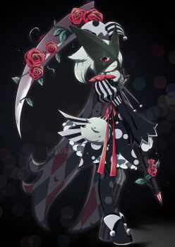 1girl absurdres asymmetrical_legwear black_background closed_mouth clothed_pokemon commentary_request eyelashes flower full_body furry furry_female grey_hat hat highres jester_cap juliet_sleeves kakiikada long_sleeves meowscarada mismatched_legwear nintendo pokemon pokemon_(creature) puffy_sleeves red_eyes red_flower red_rose rose scythe solo