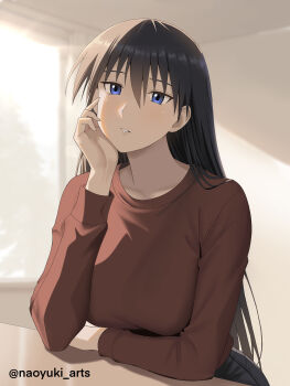 1girl absurdres arm_rest azumanga_daiou blue_eyes blurry blurry_background brown_hair elbow_rest hair_between_eyes hand_on_own_cheek hand_on_own_face highres indoors long_hair long_sleeves looking_at_viewer naoyuki_arts parted_lips red_sweater sakaki_(azumanga_daioh) solo sweater twitter_username upper_body very_long_hair